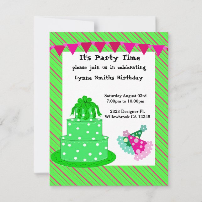 Green Cake et Casquettes de fête Invitation d'anni (Devant)