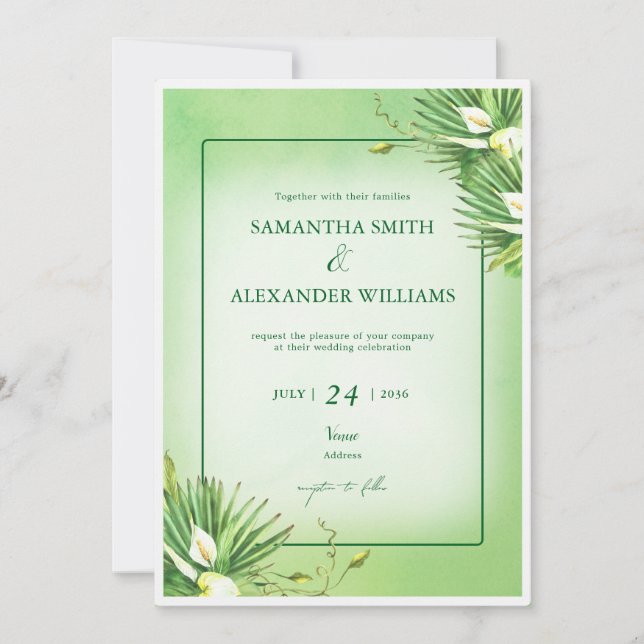 Green Calla Lily Budget Summer All In One Wedding Invitation (Front)