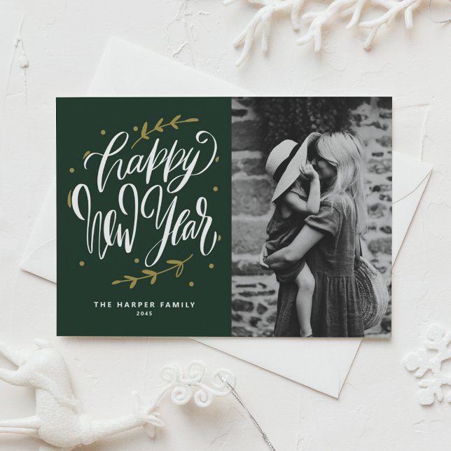 Green Calligraphy and Wreath New Year Photo Holiday Postcard (Customizable green photo Happy New Year postcard featuring modern calligraphy and wreath.)