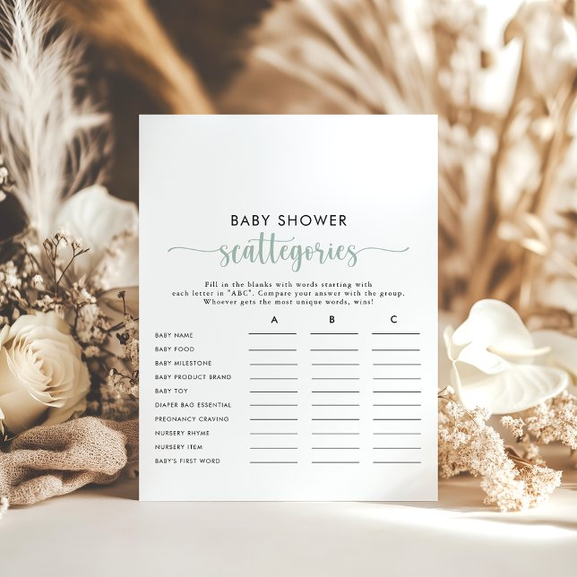 Green Calligraphy Baby Shower Scattegories Game  (Creator Uploaded)