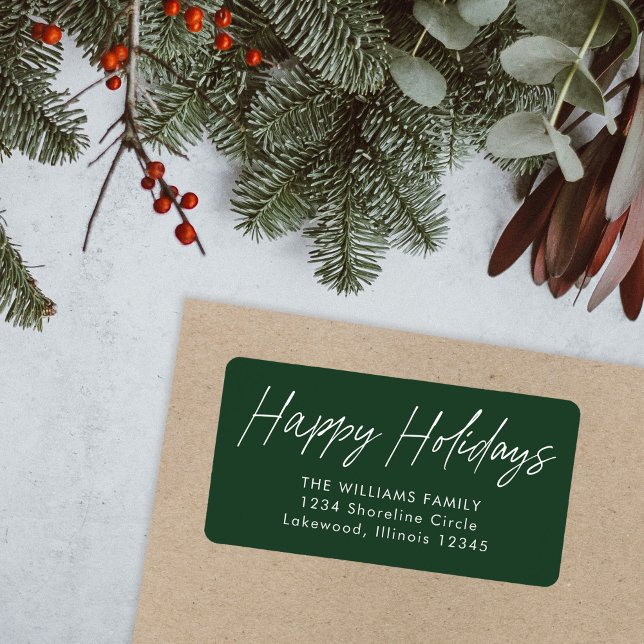 Green Calligraphy Happy Holidays Return Address Label (Creator Uploaded)