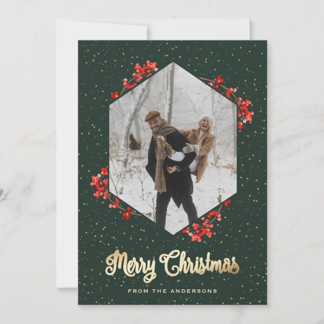 Green Calligraphy Red Berries Snow Photo Christmas Holiday Card (Front)
