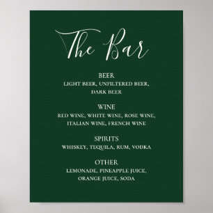 Green calligraphy script wedding drinks bar menu poster