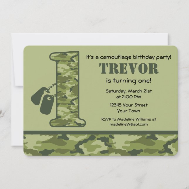Green Camo 1st Birthday Invitation (Front)