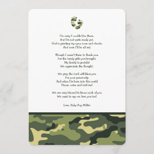 Green Camo baby shower thank you note with poem