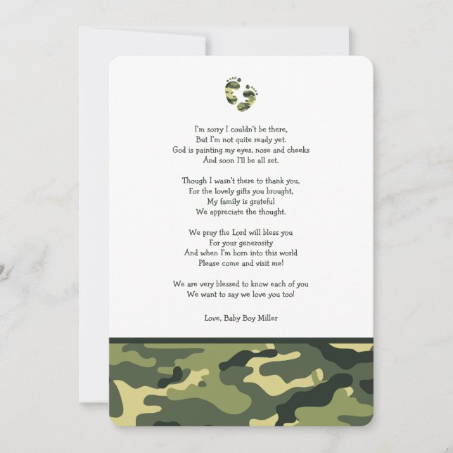 Green Camo baby shower thank you note with poem Card (Front)