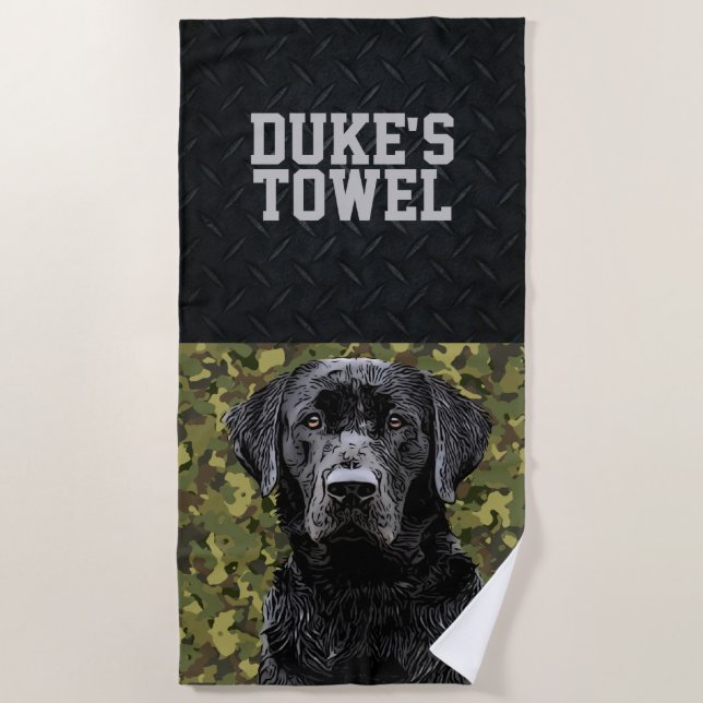 Green Camo Black Lab Dog Breed Animal Name Pet's Beach Towel (Front)
