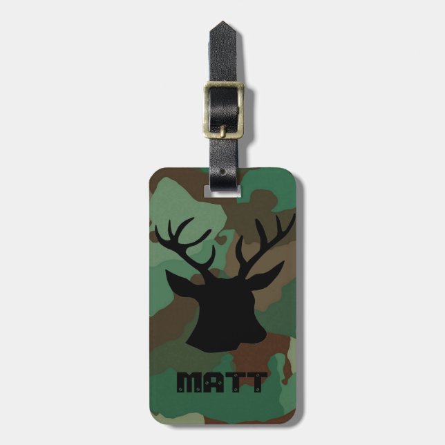 Green Camo & Buck Deer Personalized Luggage Tag (Front Vertical)