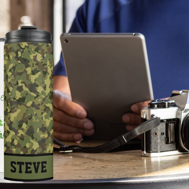 Green Camo Cool Rugged Name Personalized Coffee Thermal Tumbler (Camo coffee tumbler)