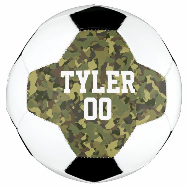 Green Camo Custom Name and Sports Number Soccer Ball (Front)