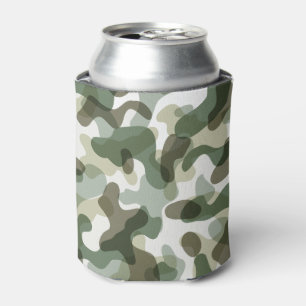 Green Camo pattern in earth tones with brown Can Cooler