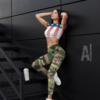 Green camo, tiger pattern, USA tattoo flag. Leggings