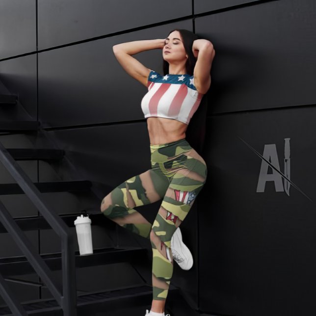 Green camo, tiger pattern, USA tattoo flag. Leggings (Creator Uploaded)