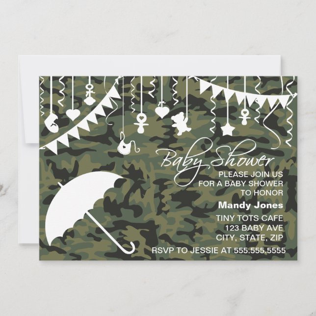Green Camo umbrella modern baby shower invitations (Front)