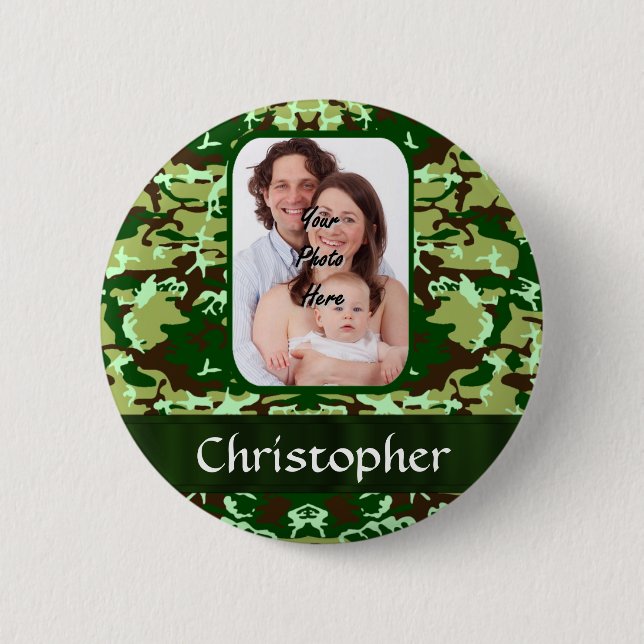 Green camouflage 2 inch round button (Front)
