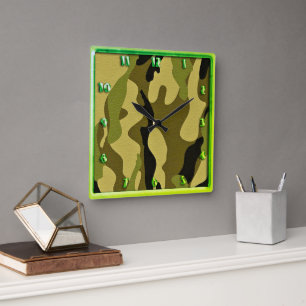 Green camouflage army texture square wall clock