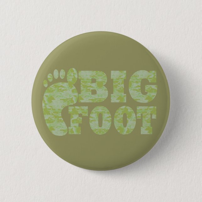 Green camouflage Bigfoot text 2 Inch Round Button (Front)