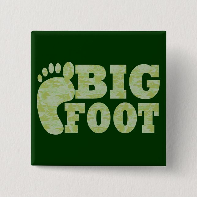 Green camouflage Bigfoot text 2 Inch Square Button (Front)