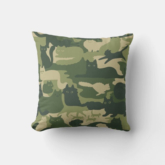 Green Camouflage Cats Pattern Cool Kitty Cats Camo Throw Pillow (Front)