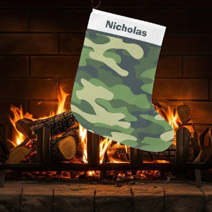 Green Camouflage Hunter Neutral Pattern Monogram Large Christmas Stocking