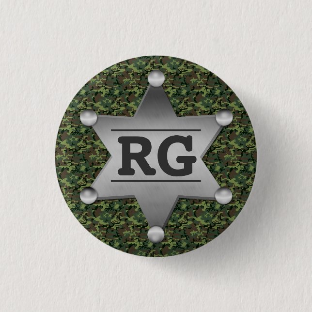 Green Camouflage Pattern Sheriff Badge Monogram 1 Inch Round Button (Front)