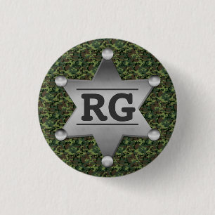 Green Camouflage Pattern Sheriff Badge Monogram 1 Inch Round Button