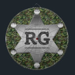 Green Camouflage Pattern Sheriff Badge Monogram Dartboard<br><div class="desc">This customizable camo pattern dartboard design has a metal sheriff badge with space for you to add your monogram / initials. The camouflage is in shades of green and brown. It's a great design for a person in the military, a veteran, a woman or man in law enforcement, a hunter...</div>