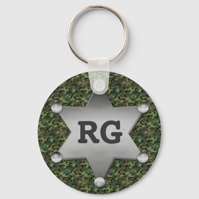 Green Camouflage Pattern Sheriff Badge Monogram Keychain (Front)