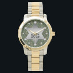 Green Camouflage Pattern Sheriff Badge Monogram Watch<br><div class="desc">This customizable camo pattern design has a metal sheriff badge with space for you to add your monogram / initials or other text. The camouflage is in shades of green and brown. It's a great design for a person in the military, a veteran, a woman or man in law enforcement,...</div>