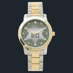 Green Camouflage Pattern Sheriff Badge Monogram Watch<br><div class="desc">This customizable camo pattern design has a metal sheriff badge with space for you to add your monogram / initials or other text. The camouflage is in shades of green and brown. It's a great design for a person in the military, a veteran, a woman or man in law enforcement,...</div>
