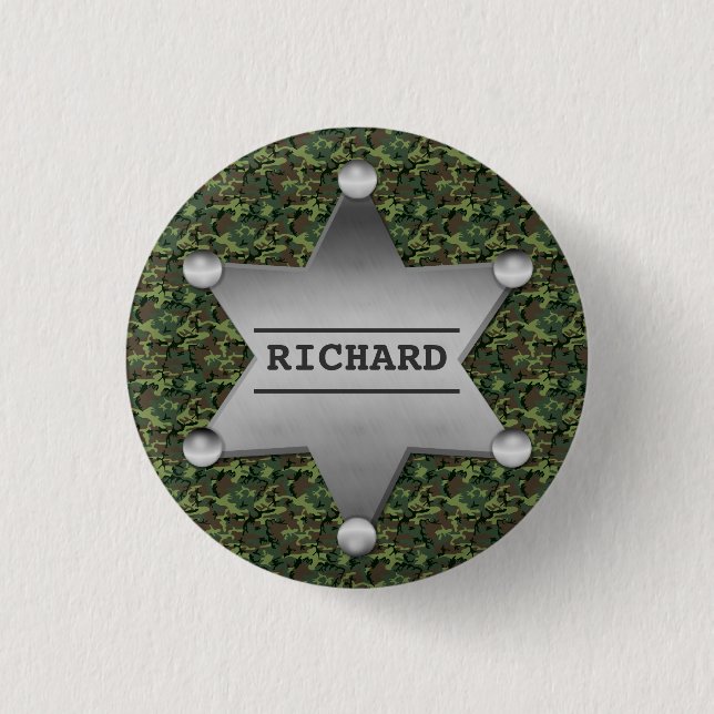 Green Camouflage Pattern Sheriff Name Badge 1 Inch Round Button (Front)