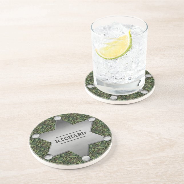 Green Camouflage Pattern Sheriff Name Badge Coaster (Side)