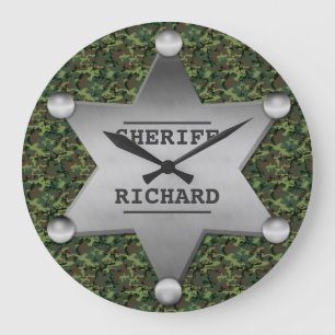 Green Camouflage Pattern Sheriff Name Badge Large Clock
