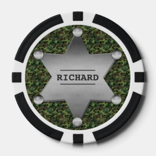 Green Camouflage Pattern Sheriff Name Badge Poker Chips