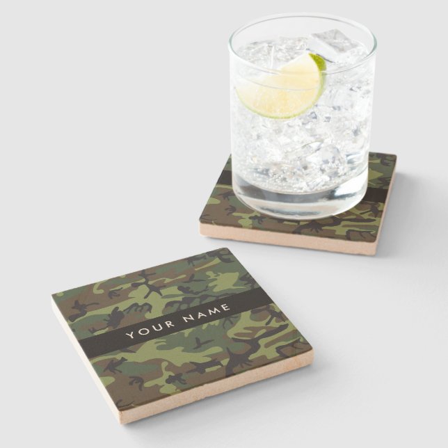 Green Camouflage Pattern, Your name, Personalize Stone Coaster (Side)