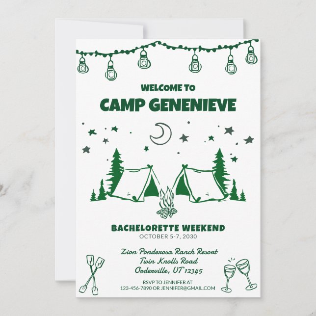 Green Camp Bachelorette Weekend Getaway Invitation (Front)