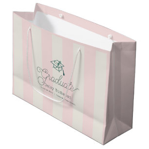 Green Cap Pink Stripes Bow Graduation Large Gift Bag
