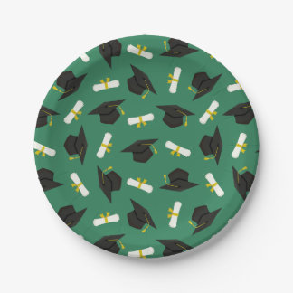 Green Caps Diplomas Pattern Graduation Party Paper Plate