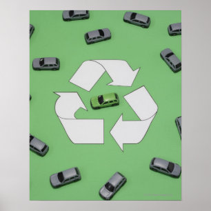 Green car surrounded by grey cars poster