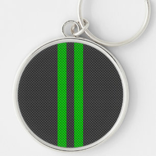 Green Carbon Fibre Style Racing Stripes Keychain