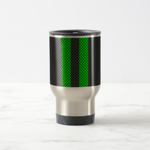 Green Carbon Fibre Style Racing Stripes Travel Mug