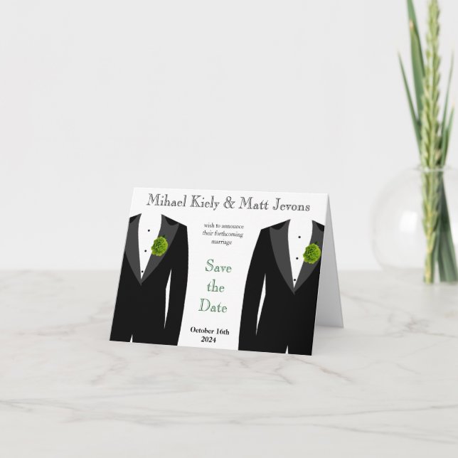 Green Carnation Gay Wedding Save The Date Notecard (Front)