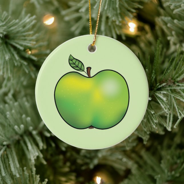 Green Cartoon Apple Fruit Illustration Ceramic Ornament (Tree)