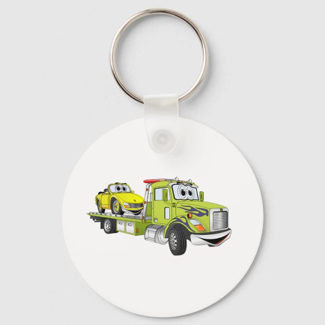 Green Cartoon Flatbed Tow Truck Keychain (Front)