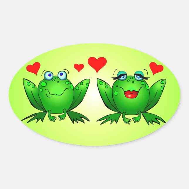 Green Cartoon Frogs Cute Red Love Hearts Oval Sticker (Front)