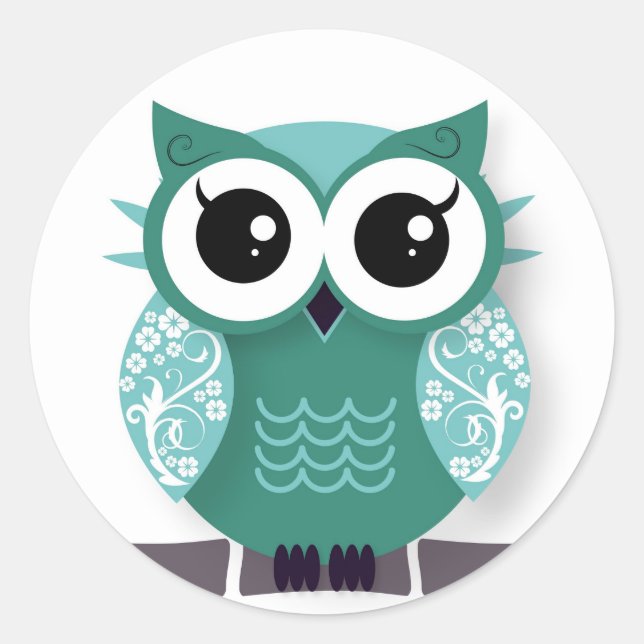 Green cartoon owl classic round sticker (Front)
