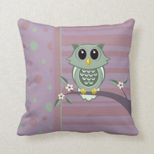 Green Cartoon Owl, polka dots and stripe pattern Throw Pillow