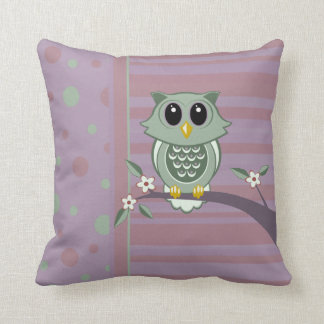 Green Cartoon Owl, polka dots and stripe pattern Throw Pillow