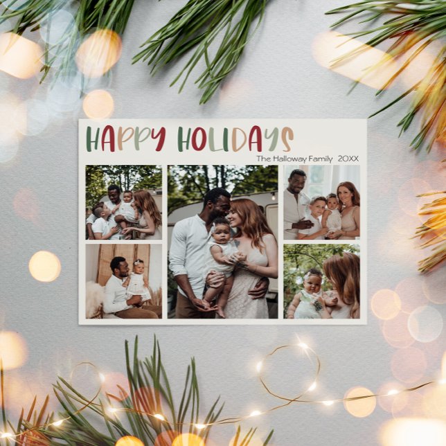 Green Casual Colourful Happy Holidays Five Photo Holiday Card (Creator Uploaded)
