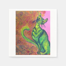 green cat on pink napkin